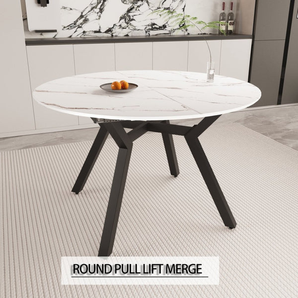English Elm 47-63" Expandable Round Dining Set Mdf White Top Faux Leather Chairs for 6 White W3732S00065
