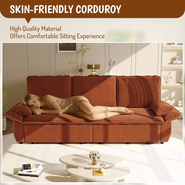 English Elm 94.5" King Convertible Sleeper Sofa Corduroy Upholstered Chaise Lounge Guest Room Bed Orange W1885S00307