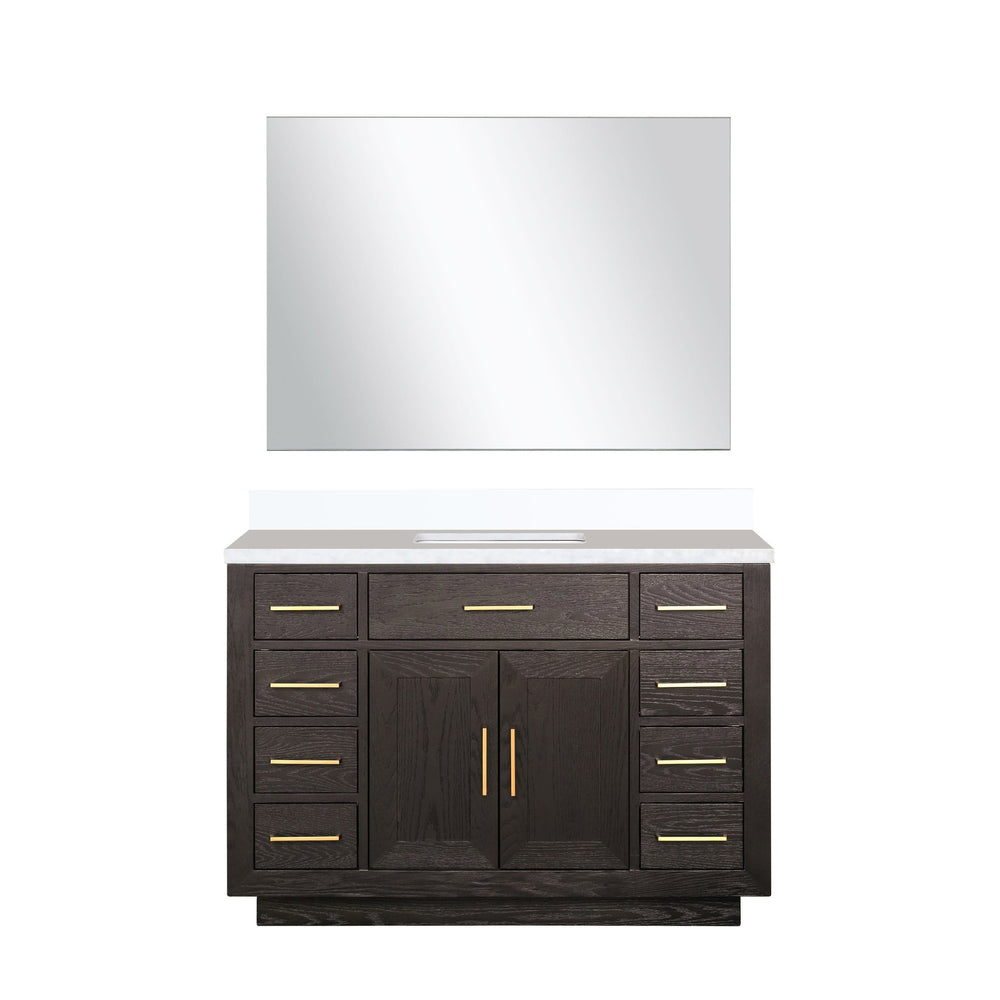 English Elm Brown Oak Single Bath Vanity Set With White Quartz Top, Soft-Close Cabinets & 46" Frameless Mirror B2731S01402