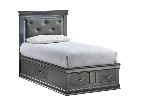 English Elm Lorana Glam Twin Storage Bed with Led Lighting and Tufted Faux Leather Headboard Gray B078S00690