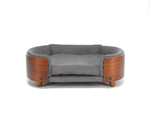 English Elm Scandinavian Mid-century Pet Sofa with Walnut Bentwood Back and Navy Velvet Cushion Dark Grey W794125938