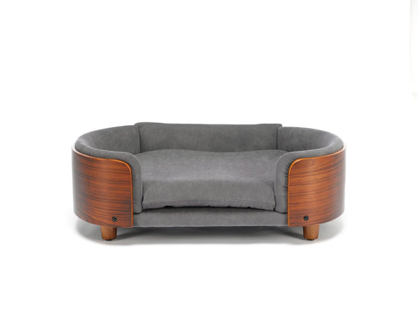 English Elm Scandinavian Mid-century Pet Sofa with Walnut Bentwood Back and Navy Velvet Cushion Dark Grey W794125938