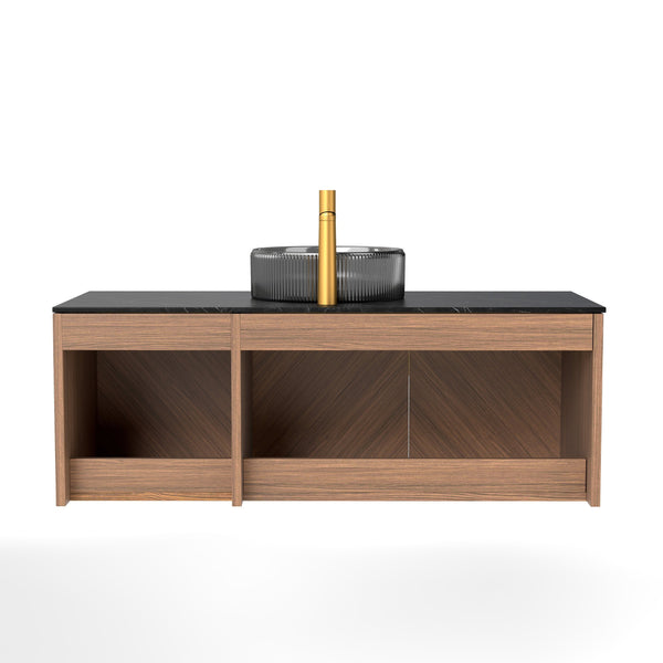 English Elm Arai 48" Modern Bathroom Vanity With Black Glass Basin & Sintered Stone Top, Brown Oak Cabinet Design W2615S00361