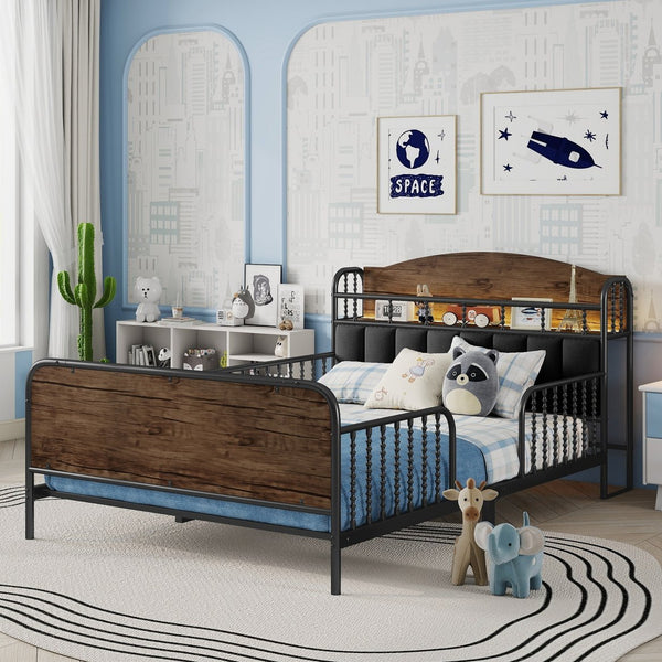English Elm Full Solid Wood Kids Platform Bed with Guardrail, Low-Profile Durable Pine & MDF, 350LB Capacity Black 58.27 L x 16.93 W x 9.65 H W2593P337445