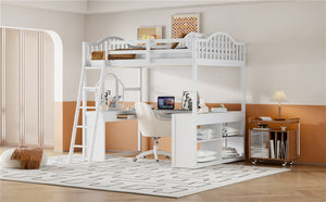 English Elm Full Wood Loft Bed with Wraparound Study Desk Built-in Storage and Vanity Mirror N708S00008K