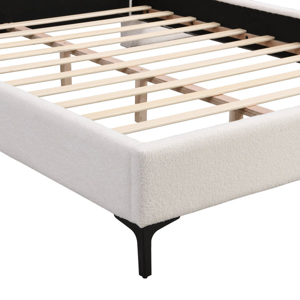 English Elm Christopher Knight Home® - Chic Boucle Upholstered Bed With Integrated Lighting & Shelves, Modern White Design, Queen Size N769P264793Q