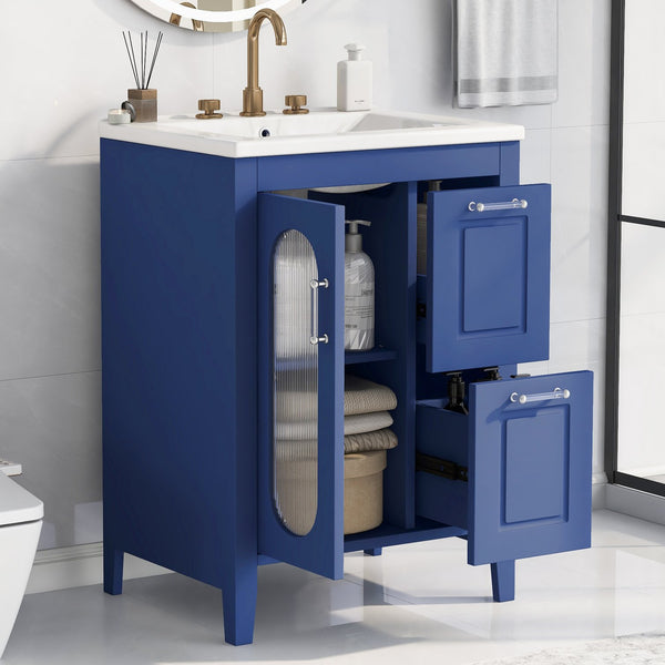 English Elm 24" Modern Bathroom Vanity with Ceramic Sink, Solid Wood & MDF Cabinet, Two Drawers, Shelf Blue N725P245273C
