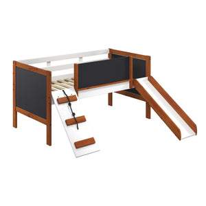 English Elm Cherry Cherry Oak and White Twin Loft Bed with Slide, Left Ladder, Blackboard Panels, 13-Slat Support B062S00462