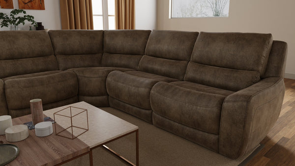 English Elm 6-Piece Performance Fabric Power Reclining Sectional with USB Charging, Hidden Console, Cup Holders Brown B339S00002