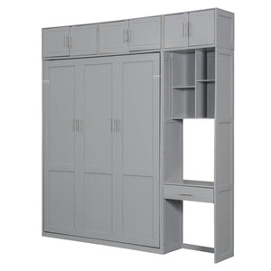English Elm Queen Murphy Bed with Integrated Desk Cabinet Shelves Space Saving Studio Solution Gray N708S00021E-1