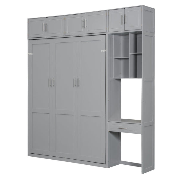 English Elm Queen Murphy Bed with Integrated Desk Cabinet Shelves Space Saving Studio Solution Gray N708S00021E-1