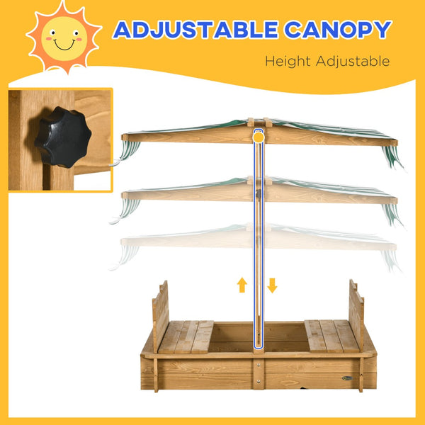 English Elm Outsunny Cedar Wood Kids Sandbox with Adjustable Canopy and Foldable Bench Seats W2225P200655