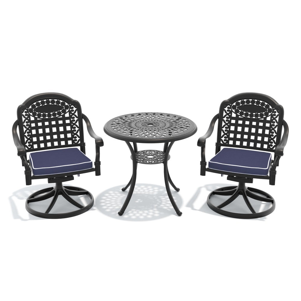 English Elm 3-piece Cast Aluminum Outdoor Bistro Set with Swivel Chairs and Umbrella Ready Table W1710S00331