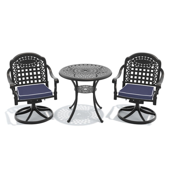 English Elm 3-piece Cast Aluminum Outdoor Bistro Set with Swivel Chairs and Umbrella Ready Table W1710S00331