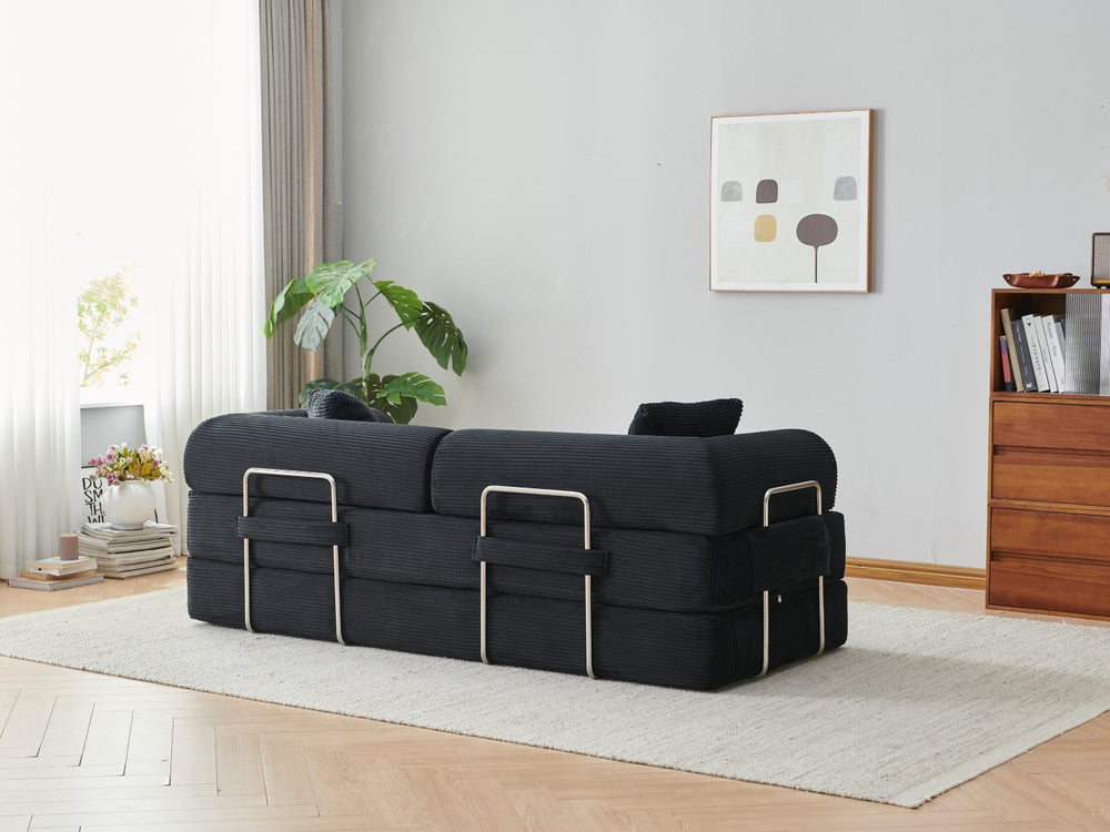 English Elm 78.8" Corduroy Modular Floor Sofa Convertible Sleeper Futon with Pillow Back Support Black W5617P456006
