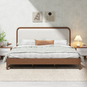 English Elm King Acacia Wood Platform Bed Curved Upholstered Headboard Scandinavian Bedroom N758K518081N
