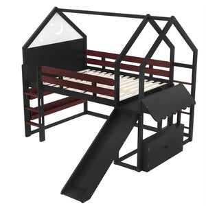 English Elm Full Size Pine Loft Bed House Frame with Slide Bookshelves and Moon Star Rails W1580S00314