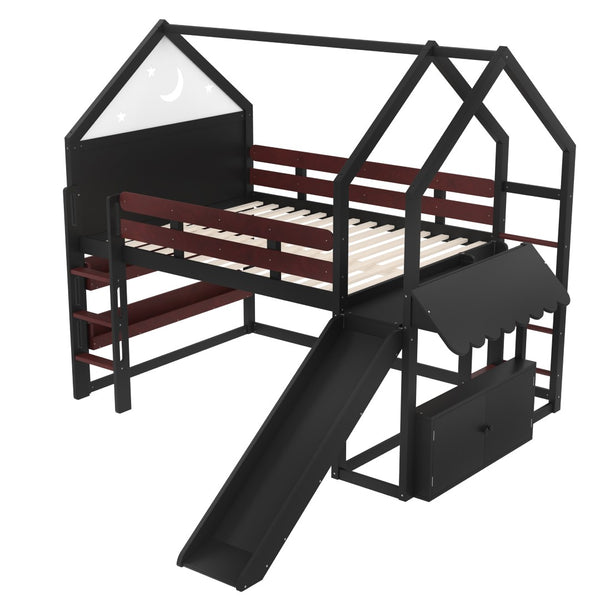 English Elm Full Size Pine Loft Bed House Frame with Slide Bookshelves and Moon Star Rails W1580S00314