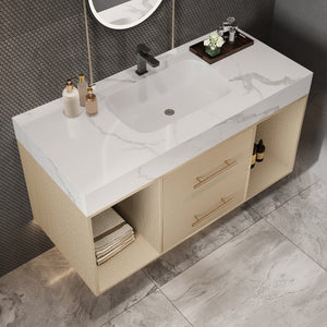 English Elm 39.4 Inch Floating Bathroom Vanity Sintered Stone Top Solid Wood 2 Soft Close Drawers W3136S00030