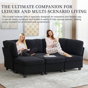 English Elm UNITED Modular 6-Seat Sectional Sofa with Removable Ottoman, Storage Compartments, Convertible Comfort Black W1568S00243