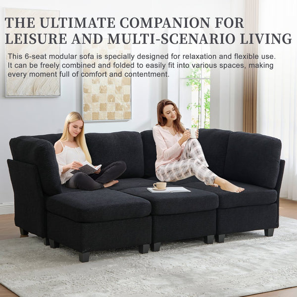 English Elm UNITED Modular 6-Seat Sectional Sofa with Removable Ottoman, Storage Compartments, Convertible Comfort Black W1568S00243