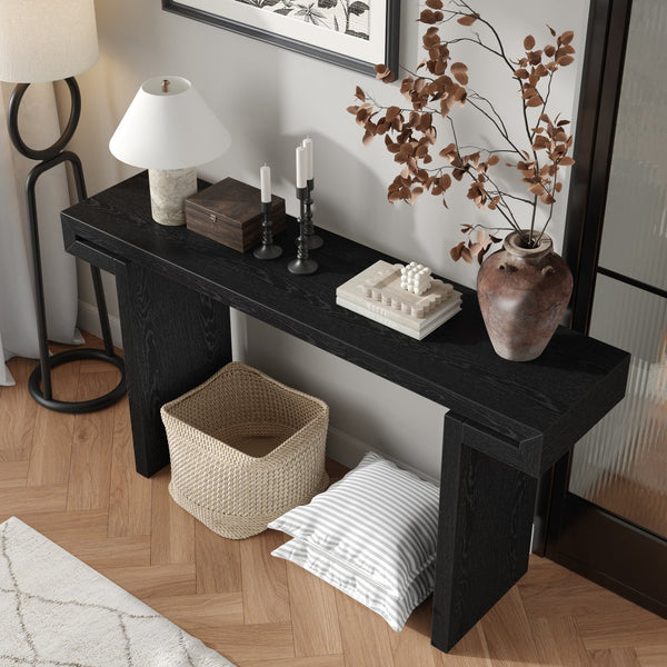 English Elm 60inches Rustic Farmhouse Console Table with Distressed Wood Veneer, Narrow Entryway Sofa Accent Piece Black W1445P330978