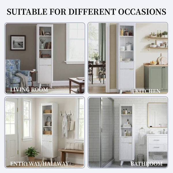 English Elm 68" Tall Fluted Freestanding Storage Cabinet with Drawer and Adjustable Shelf for Bathroom White N817P375218W