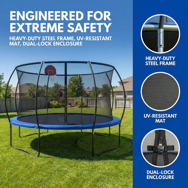 English Elm 14 Foot Pumpkin Shaped Backyard Trampoline with Basketball Hoop Galvanized Steel Frame W2071P319084