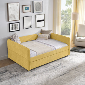 English Elm Full Size Boucle Daybed with Pop up Trundle Tufted Upholstered Sofa Sleeping Yellow W1413S00177