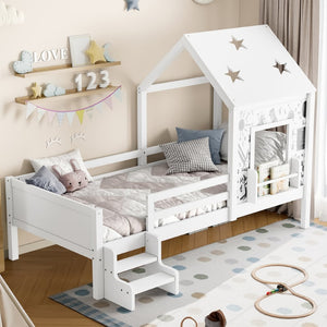 English Elm Full Bunk Bed with Trundle Bookshelf Storage Pine Frame Car Design for Kids Light White W1580S00293