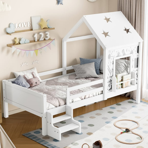 English Elm Full Bunk Bed with Trundle Bookshelf Storage Pine Frame Car Design for Kids Light White W1580S00293