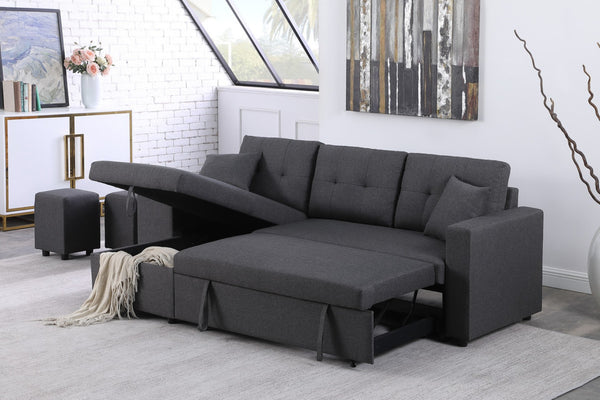 English Elm Dino Linen Tufted Sleeper Sectional with Reversible Chaise Storage and Two Ottomans Dark Gray B2749S00201