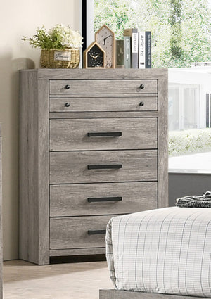 English Elm 1pc Rustic Charm Weathered Finish Metal Handle Five-Drawer Tall Chest Bedroom Storage Tower with Sleek Modern Lines and Easy Assembly Gray 37.7 L x 19.3 W x 52.4 H B2741P354505