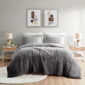English Elm Full/Queen Brielle Shaggy Faux Fur Comforter Mini Set Ombre Plush Reversible Hypoallergenic Cozy Grey 15.75 L x 11.02 W x 11.02 H B03595982