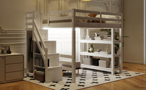 English Elm Full Size Loft Bed With Integrated Shelves, Storage Staircase, Small Wardrobe & Led Lighting N7090000472K