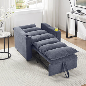 English Elm Sleeper 3-in-1 Convertible Sofa Chair Bed with Lychee Velvet, Adjustable Recline & Cup Holder Grey W1117P265779