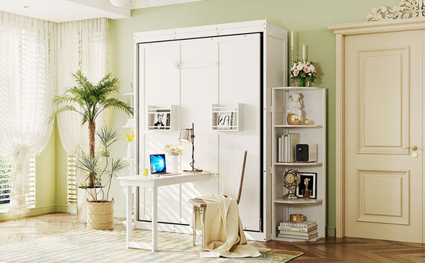 English Elm Rotating Murphy Wall Bed with Convertible Desk Dual Side Shelves Full Size Mdf Cabinet White LP000961AAK