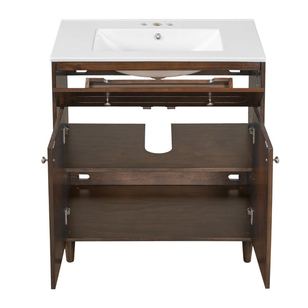English Elm 30" Rattan Front Bathroom Vanity Solid Pine Cabinet with Ceramic Sink and Adjustable Shelf Walnut N710P293988P