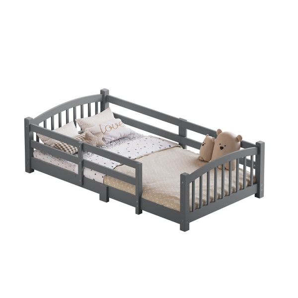 English Elm Twin Montessori Floor Bed Solid Pine Frame with Safety Guardrails for Kids Bedroom Gray N733P400298E