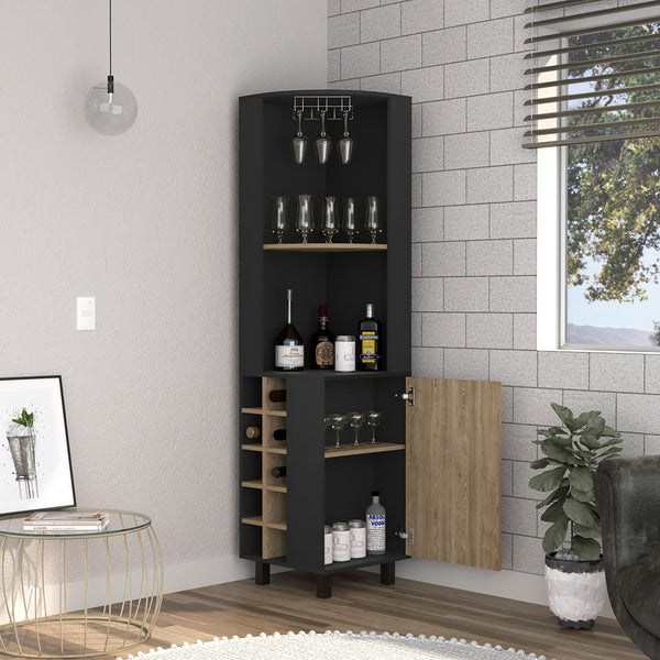 English Elm Corner Bar Cabinet with Ten Built-In Wine Slots, Cup Rack & Spacious Top Shelf for Entertaining Multicolor 43 L x 21 W x 3 H B097S00134