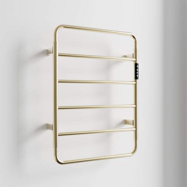 English Elm 18.7" Heated Towel Rack with Touchscreen Timer, 6-Bar Stainless Steel 150W Rapid Warm Carbon Fiber Brushed Gold T3177P305027