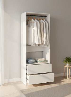 English Elm Prosper 32" White Wood Walk-In Closet System with Two Rods, Freestanding Oak Finish, Durable Melamine B040P407430