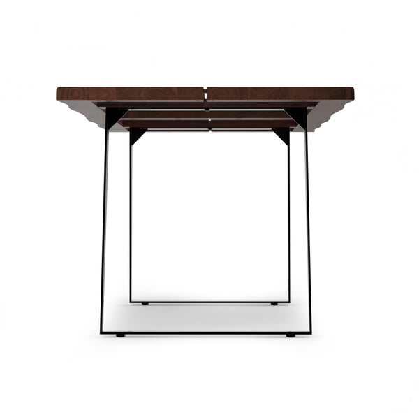 English Elm Delta Delta Dining Table handcrafted solid acacia wood 72"x36" live edge top with black iron legs durable finish Walnut B136P203497