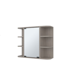 English Elm Medicine Cabinet with Mirrored Door Six Open Shelves Light Gray Bathroom Wall Storage B097133146