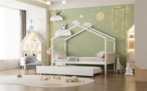 English Elm Twin House Bed Solid Pine Cottage Frame with Pull Out Trundle for Kids Bedroom White N708P309238K