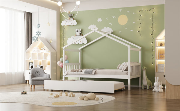 English Elm Twin House Bed Solid Pine Cottage Frame with Pull Out Trundle for Kids Bedroom White N708P309238K