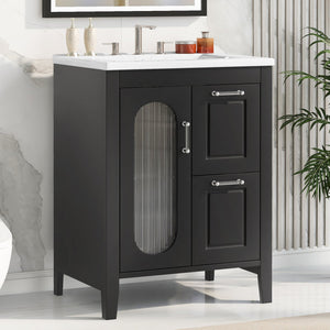 English Elm 24" Modern Bathroom Vanity with Ceramic Sink, Solid Wood & MDF Cabinet, Two Drawers, Shelf Black N725P245273B
