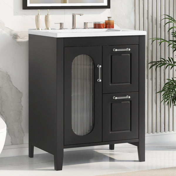 English Elm 24" Modern Bathroom Vanity with Ceramic Sink, Solid Wood & MDF Cabinet, Two Drawers, Shelf Black N725P245273B