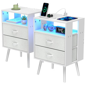 English Elm 2 Pack Modern Nightstand With Charging Station & Led Light - Stylish Fabric Drawers For Storage W1550P272169