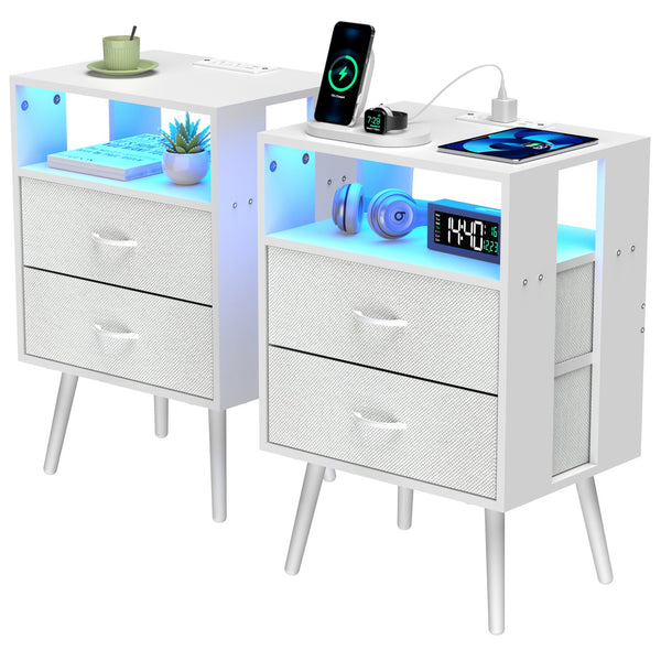 English Elm 2 Pack Modern Nightstand With Charging Station & Led Light - Stylish Fabric Drawers For Storage W1550P272169